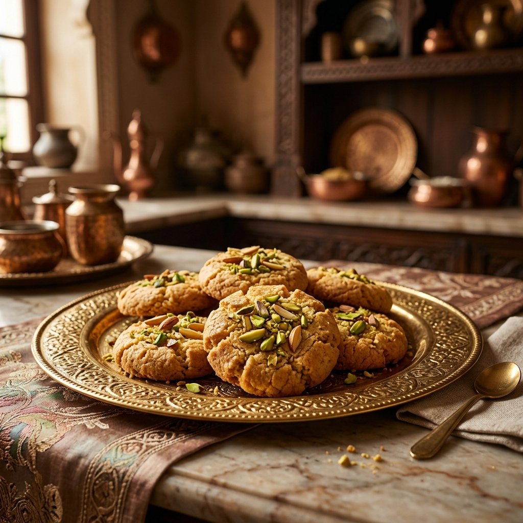Freshly baked Nan Khatai on a royal gold tray